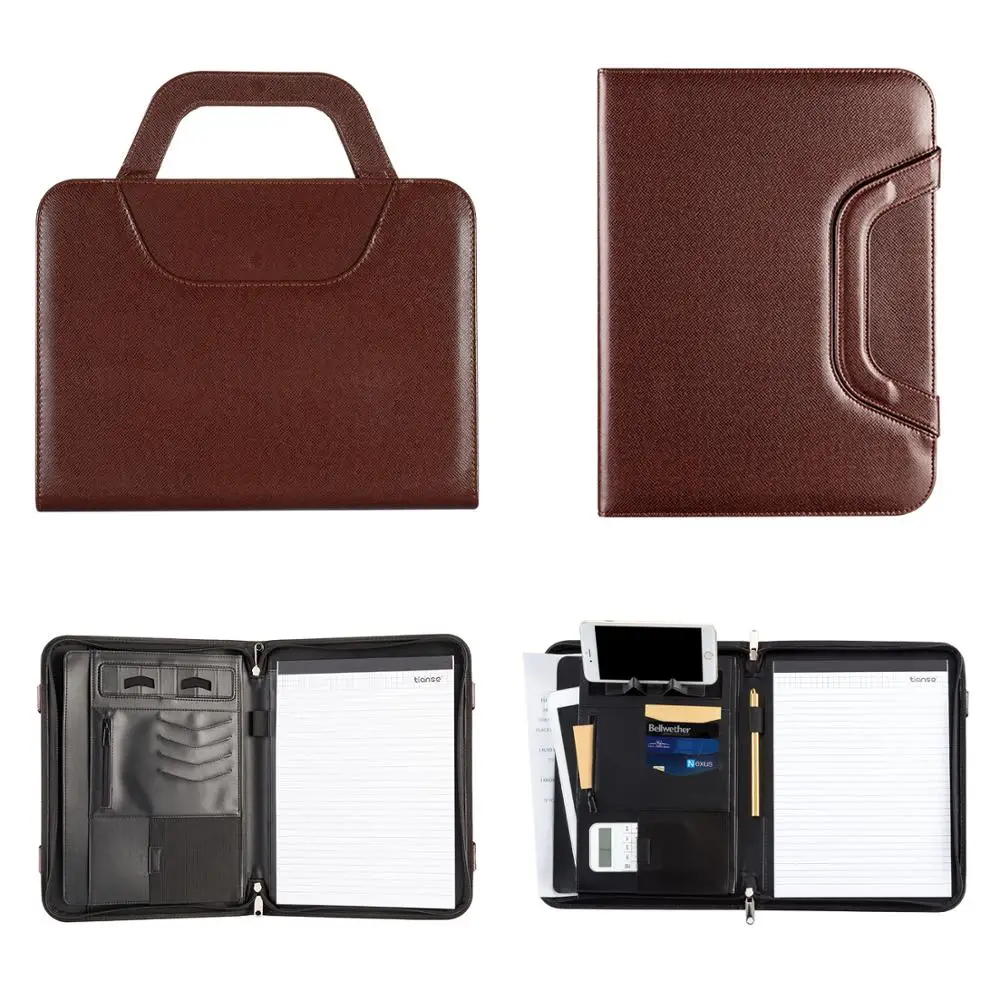 

TIANSE A4 PU Leather Office Manager Padfolio Fichario Document File Folder Binder Padfolio Notebook Handle Zipper