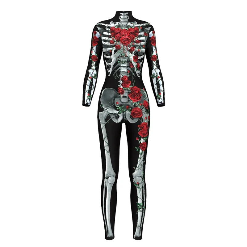 Цветочный механический костюм с изображением костей, страшные костюмы на Хэллоуин для женщин, Розовый Скелет, Череп, комбинезон размера плюс