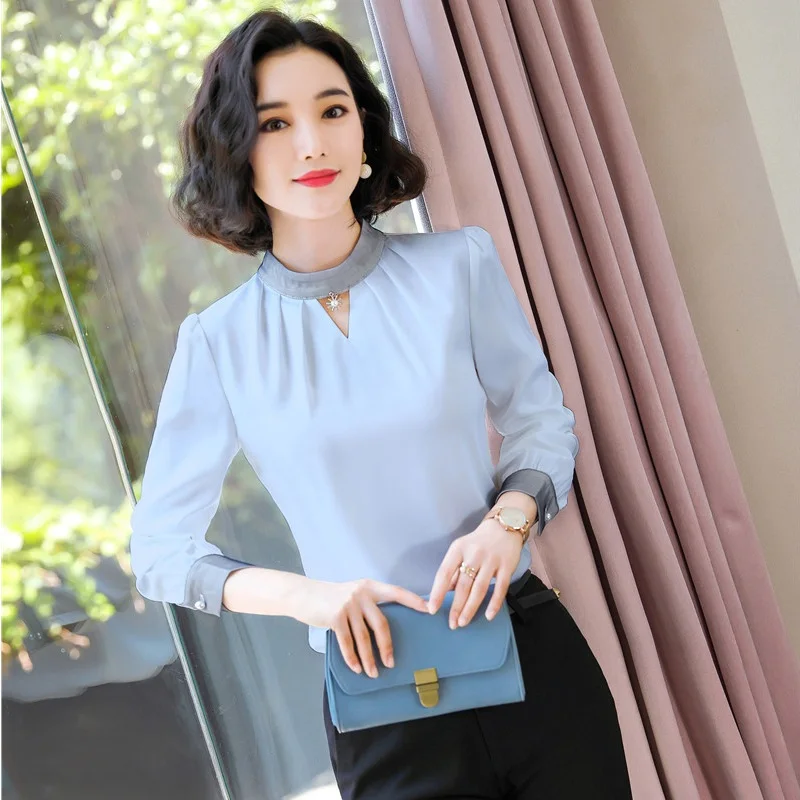 Fashion Women Blouses & Shirts Sky Blue Long Sleeve Office Ladies Work ...