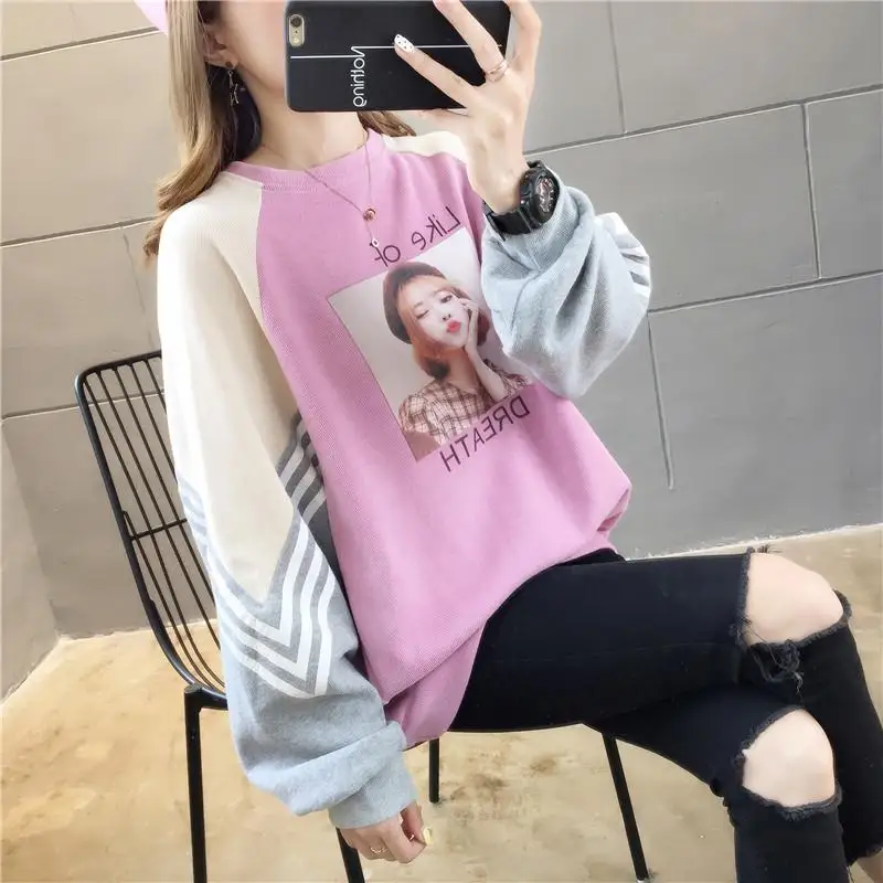 Women's New Fall / Winter Round Neck Loose Jacket Splicing Color Letter Print Decoration Pullovers Sportswear |