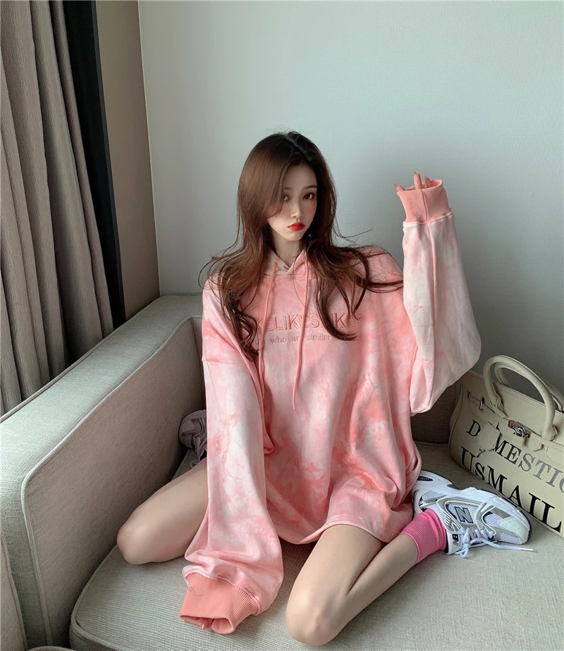 

Spring Autumn Women's Loose Letter Embroidery Tie-Dye Pink Hooded Sweater Long-Sleeved Casual Top