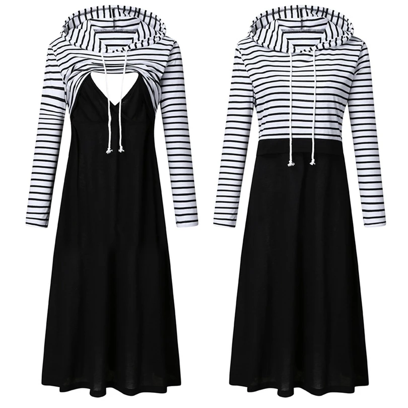 

Women's Maternity Hooded Nursing Dress Long Sleeved Striped Patchwork Pregnant Autumn Winter Casual Breastfeeding Dresses A30