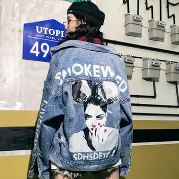 

NiceMix Ripped Jeans Jacket Women Loose Letter Pattern Female Denim Coat Distressed Hip Hop Turn-Down Collar Tops Frayed Harajuk