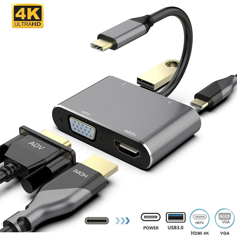 USB C to 4K HDMI VGA Adapter 4-in-1 Hub 3.0 OTG Charging Power PD Port Compatible for MacBook Pro/Dell XPS/Samsung Galaxy | Электроника