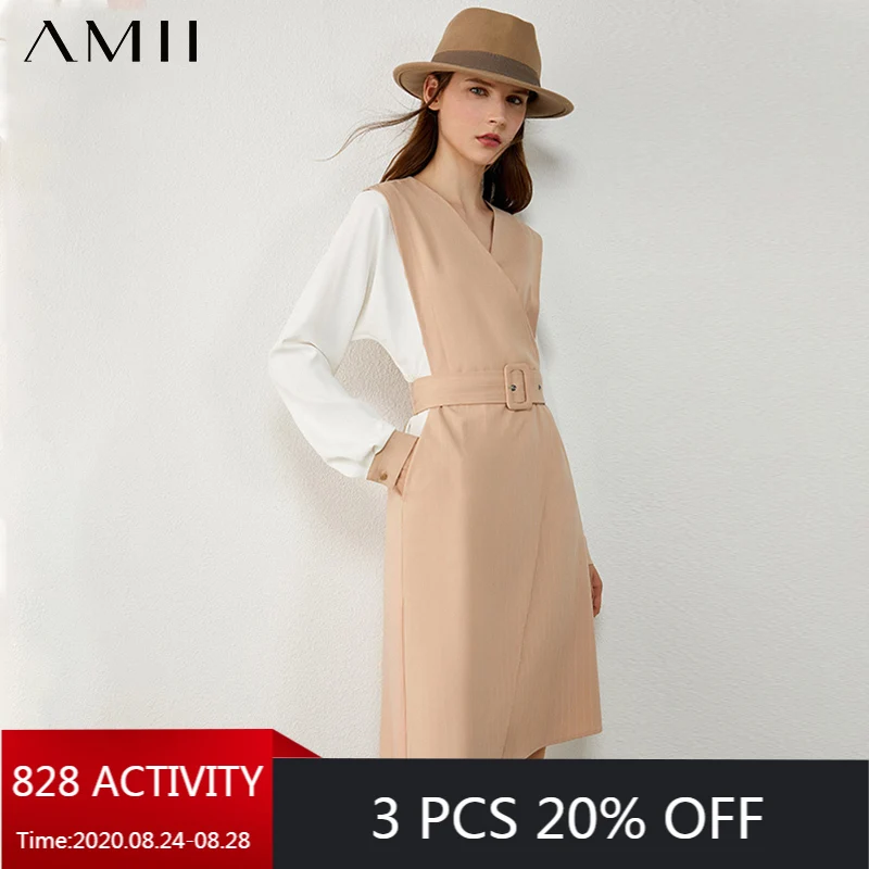 AMII Minimalism Autumn Fashion Olstyle Women Dress Spliced Vneck High Waist Belt Women Dress Knee-length Female Dress 12030436 AMII Minimalism Autumn Fashion Olstyle Women Dress Spliced Vneck High Waist Belt Women Dress Knee-length Female Dress 12030436
