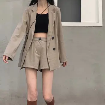 

Spring 2 Piece Sets Women Outfits 2020 Double Breasted Loose Long Blazer+Button Wide Leg Shorts Korean Summer Blazer Suit