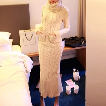 

Fashion Pocket Women Winter Sweater Dress Turtleneck Warmness Slim Knitted Dresses Elegant Sexy Bodycon Vestidos Split Spring
