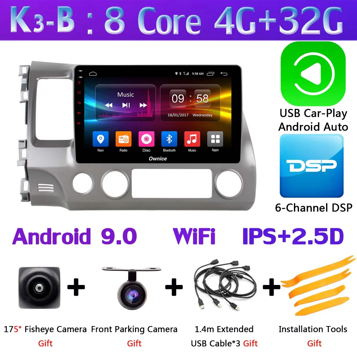 360°Panoramic Камера Android 9,0 8 ядро SPDIF DSP CarPlay автомобильный gps радио плеер для Honda Civic 2007 2008 2009 2010 2011 LHD RHD - Цвет: K3-B-CarPlay