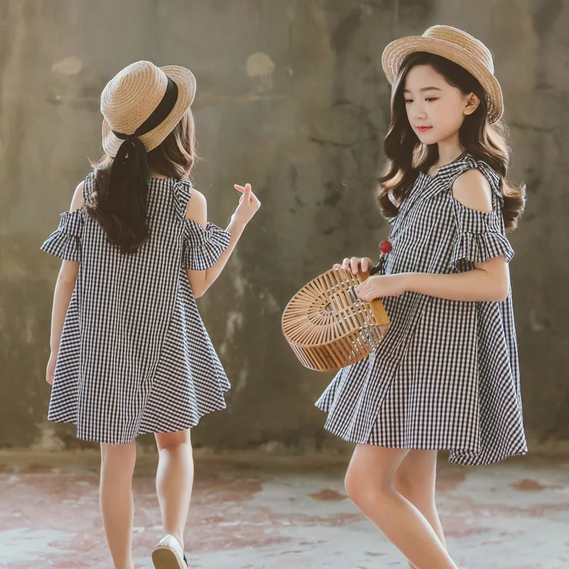 Summer Girl Dress Plaid Leakage Shoulder Knee-Length Fashion Kids Clothes Girls 3 To 11 Years Soft Comfy Cute Toddler 2021 | Детская