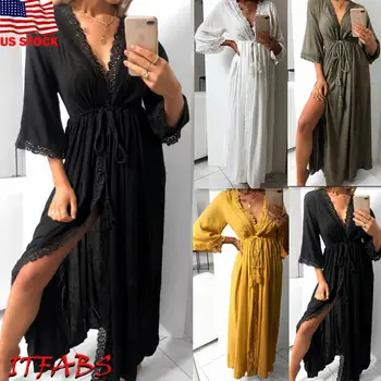 

2020 Fashion Women Deep V Long Sleeve Kimono Dress Shawl Cardigan Loose Sleep Wear Lace SleepWear Silk Nighty Sleeping Dress