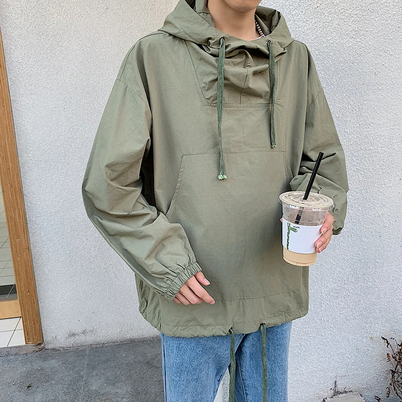 

YUECHE Autumn And Winter Men's New Hooded High Collar Drape Loose Kangaroo Pocket Design Solid Color Tide Hoodies