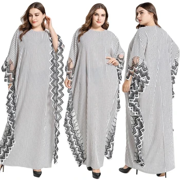 

Women Muslim Abaya Batwing Sleeve Lace Patchwork Striped Long Dress Loose Plus Size Dubai Kaftan Robe Ramadan UAE Islamic Gown