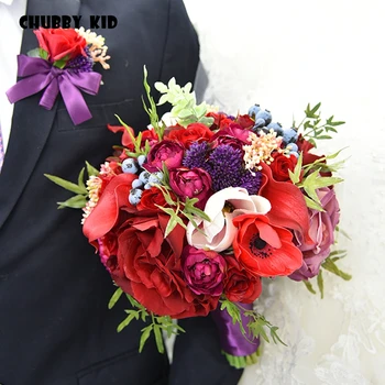 

New high simulation rose bouquet Hi-Q Wedding flower Bridesmaid Bridal Bouquet artificial red Rose Wedding Bouquet purple red