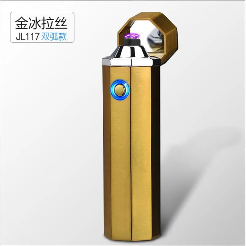 Golden ice drawing Плазменная двойная дуга цилиндрическая Зажигалка Ветрозащитная беспламенная электронная сигарета зажигалка аксессуары для сигарет aansteker - Цвет: Golden ice drawing