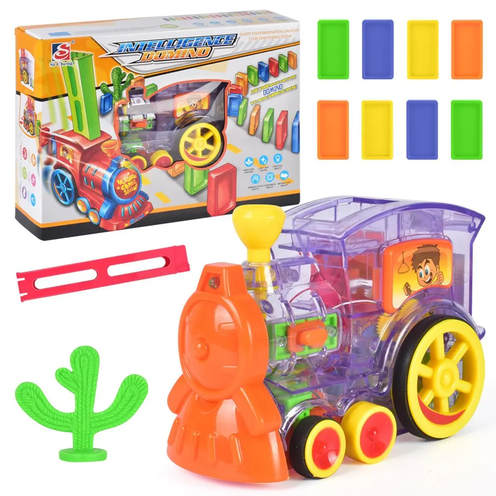 Electric Domino Train Car Vehicle Model With Sound Light Music Domino Blocks Kits Magical Automatic Set Up Colorful Games Toys