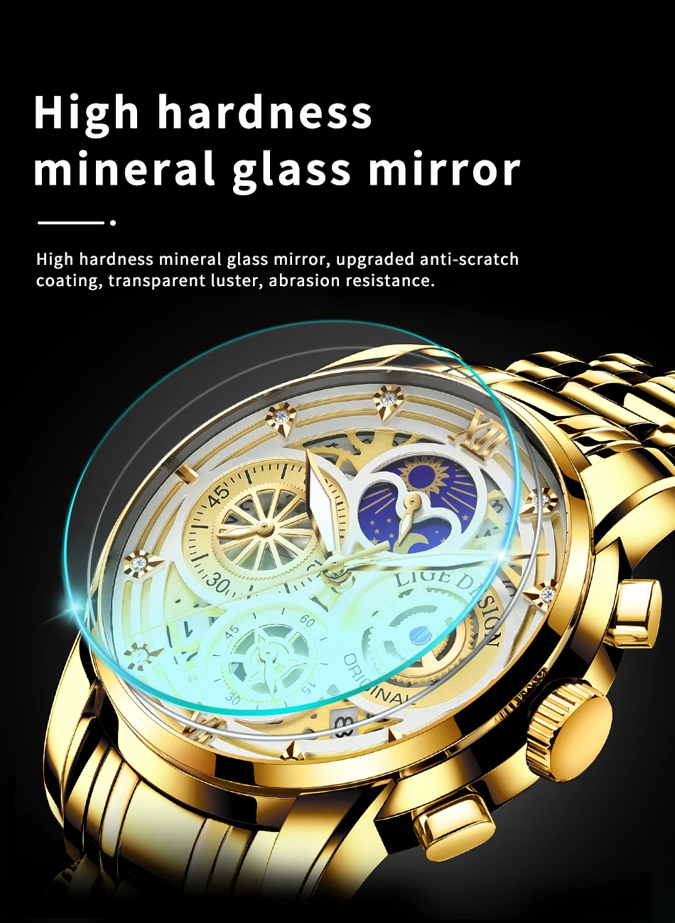 2021 New LIGE Sport Men Watch Top Brand Luxury Gold Stainless Steel Quartz Wrsit Watch Men Fashion Hollow Waterproof Chronograph