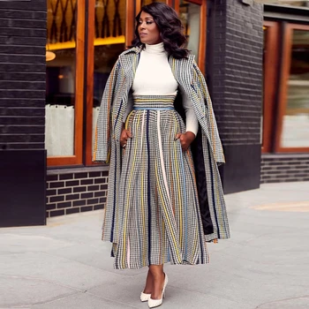 

Women Skirt Suits Turn-down Collar Full Sleeve Trench Coat Pleated Ankle-length Two Piece Skirt Set Women Outfits Plus Size Suit