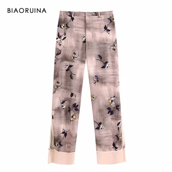 

BIAORUINA Women's Vintage Floral Printing Straight Loose Wide Leg Pant Side Split Female Casual Comfy Pant Trousers