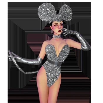 

New Bar DS Costumes New Sexy Gogo Collar Dance Clothes Sequins Female Atmosphere Tour Conjoined Stage Costumes