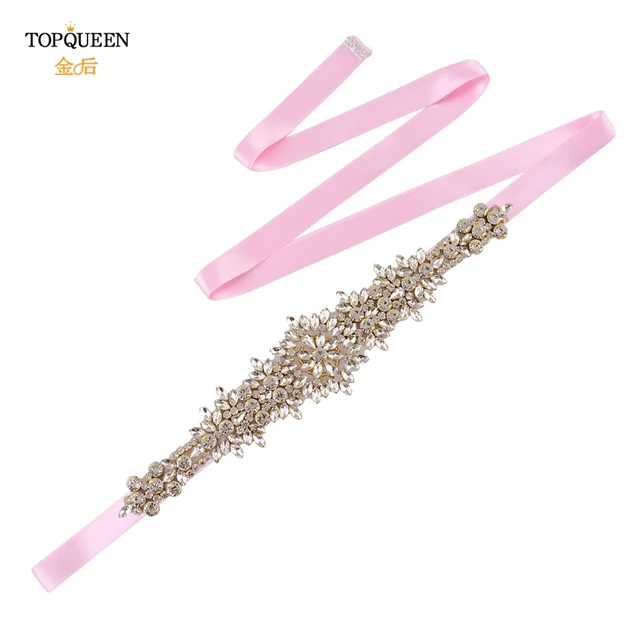 TOPQUEEN S319-G Plus Size Bridal Gowns Belts Golden Belts for Women Rhinestones Belt Girlfriend Luxury Ribbon Belt Wedding Sash Pink ribbon