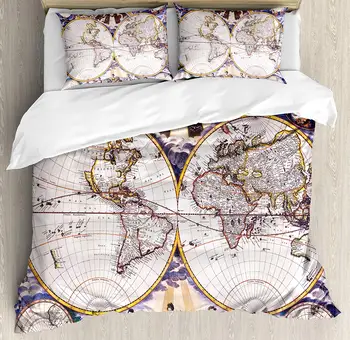 

World Map Duvet Cover Set Antique Map with Farmers Field Sun Birds Clouds Fantasy Sky in Old Painting Style Decorative 3 Piece