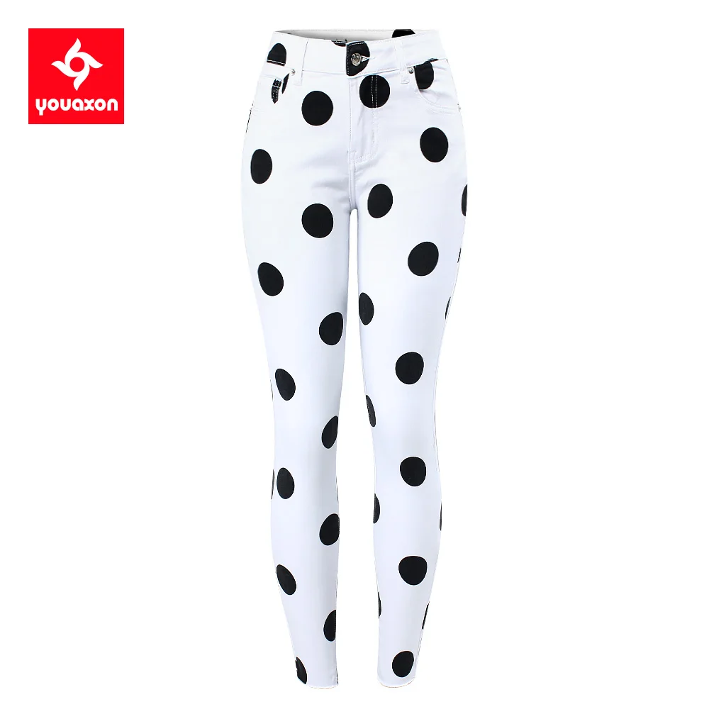 2590 Youaxon New EU Size White Polka Dot Cropped Jeans For Girls Vintage Streetwear Stretchy Skinny Pants Jeans For Women