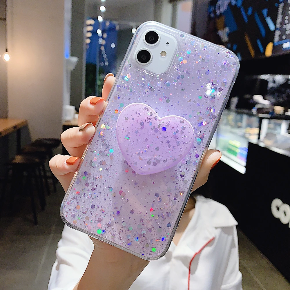 Блестящий чехол для телефона DIY с подставкой и блестящим сердечком iphone 11 Pro Max XS MAX
