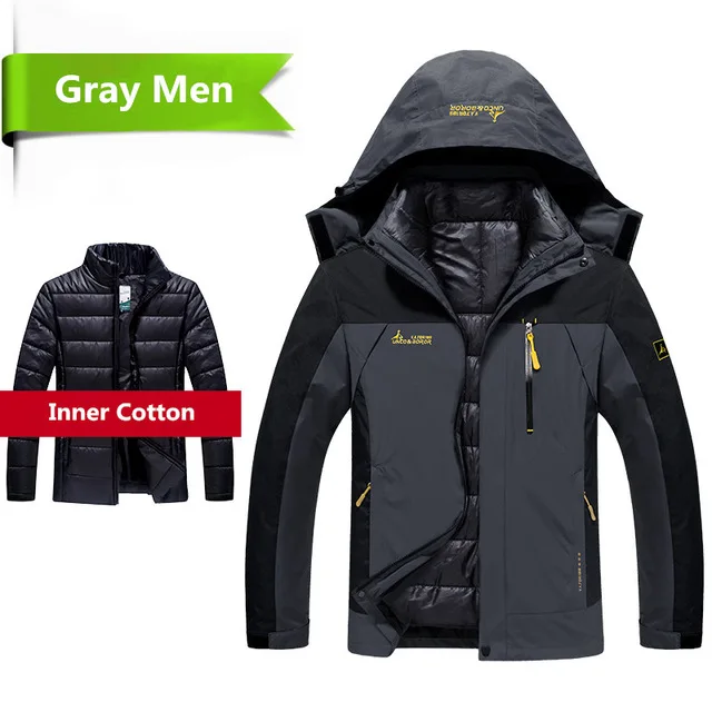 Для мужчин, зимняя куртка теплая верхняя одежда Для мужчин s ветровка Водонепроницаемый лыжные комбинезоны лыжные куртки парки с капюшоном куртка размера плюс 6XL 2 в 1, плотное пальто - Цвет: Серый