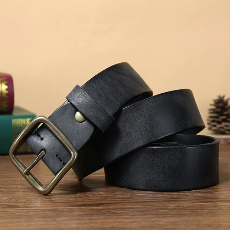 

YiJia 3.8CM Luxury Full Grain Leather Belt for Men Solid Brass Single Tongue Buckle Classic Jeans Waistbelt 4MM Thickness