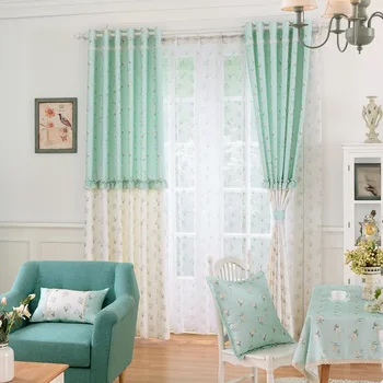 

Korean Stitching Blue Lace Curtains for Living Dining Room for Bedroom Style Fresh Garden Mosaic Custom Curtain Blinds
