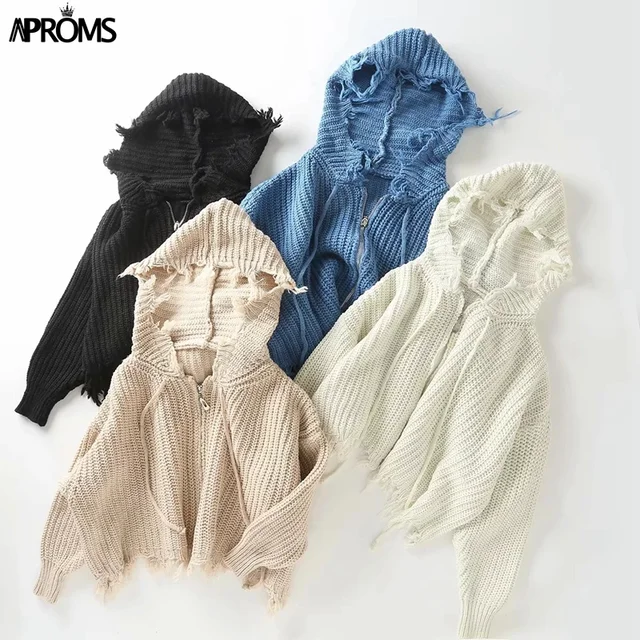 US $17.79 Aproms Casual Tassel Hooded Knitted Sweater Women Zipper Loose Cropped Cardigans 2019 Winter Coat C