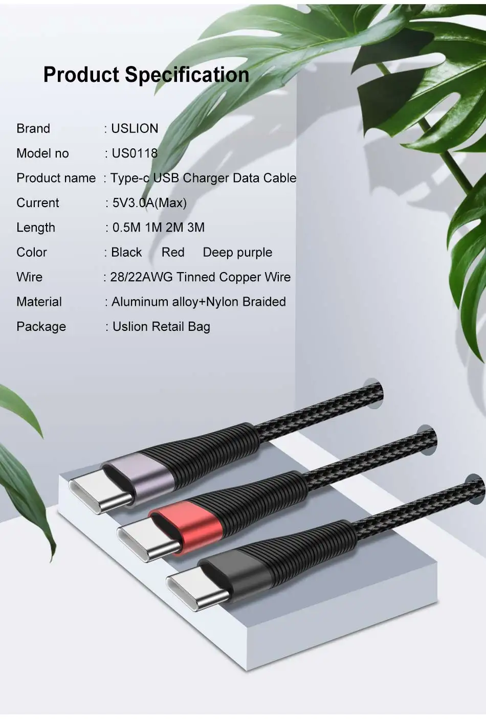 USLION 3A type-C кабель USB для быстрой зарядки samsung S10 S9 S8 A50 Xiaomi Redmi k20 Pro USB-C передачи данных кабель для мобильного телефона type-C