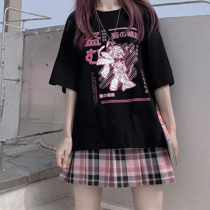 미적 Camisas Mujer 하라주쿠 티셔츠 Kawaii 닌자 고양이 인쇄 검은 여름 한국 팝 Streetwear 여성 세련된 캐주얼 탑스 티셔츠