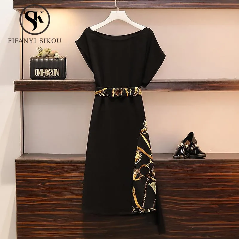 Плюс размер платье 5XL Wummer Женская мода лоскутное ассиметричный с коротким рукавом длинное платье женское винтажное черное платье для вечеринки