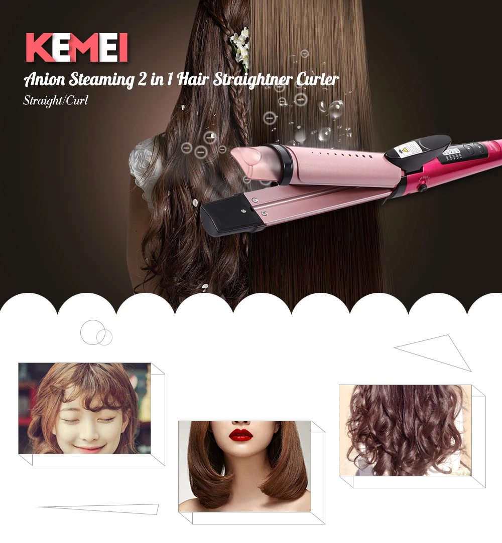 KEMEI 2 в 1 выпрямитель для волос бигуди анион паровой плоский утюг для женщин бигуди инструмент для укладки Паровая отрицательная выпрямляющая плойка
