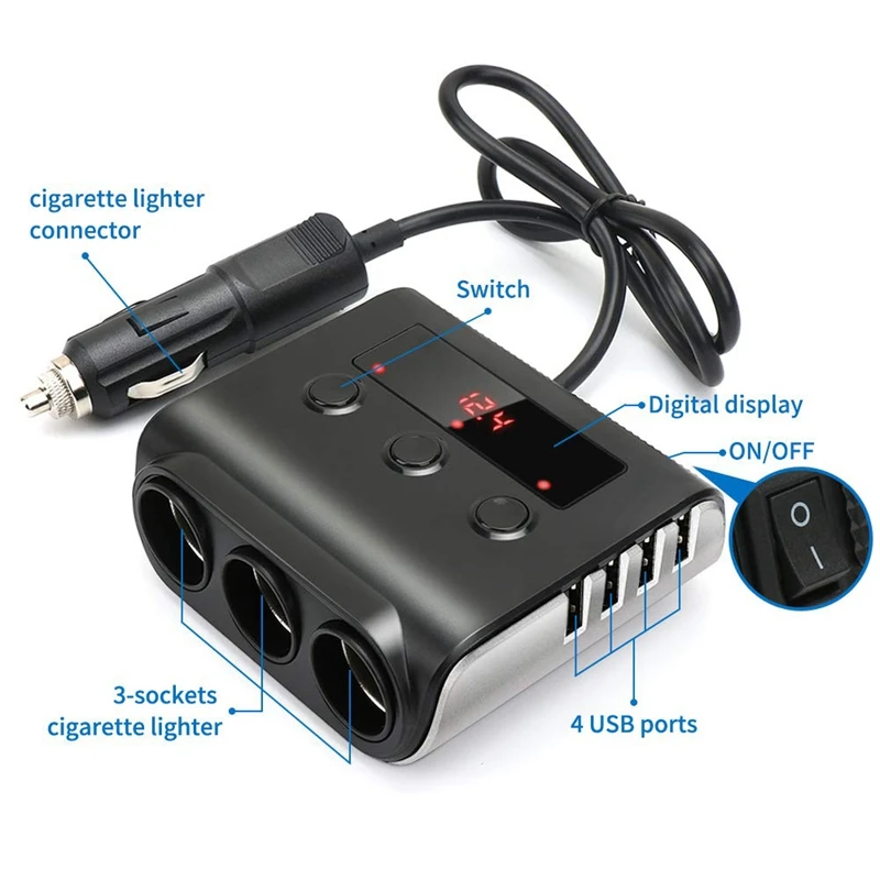 Разветвитель Прикуривателя с 3 розетками 100 Вт 12 В/24 В С 4 USB портами|Зажигалка| |