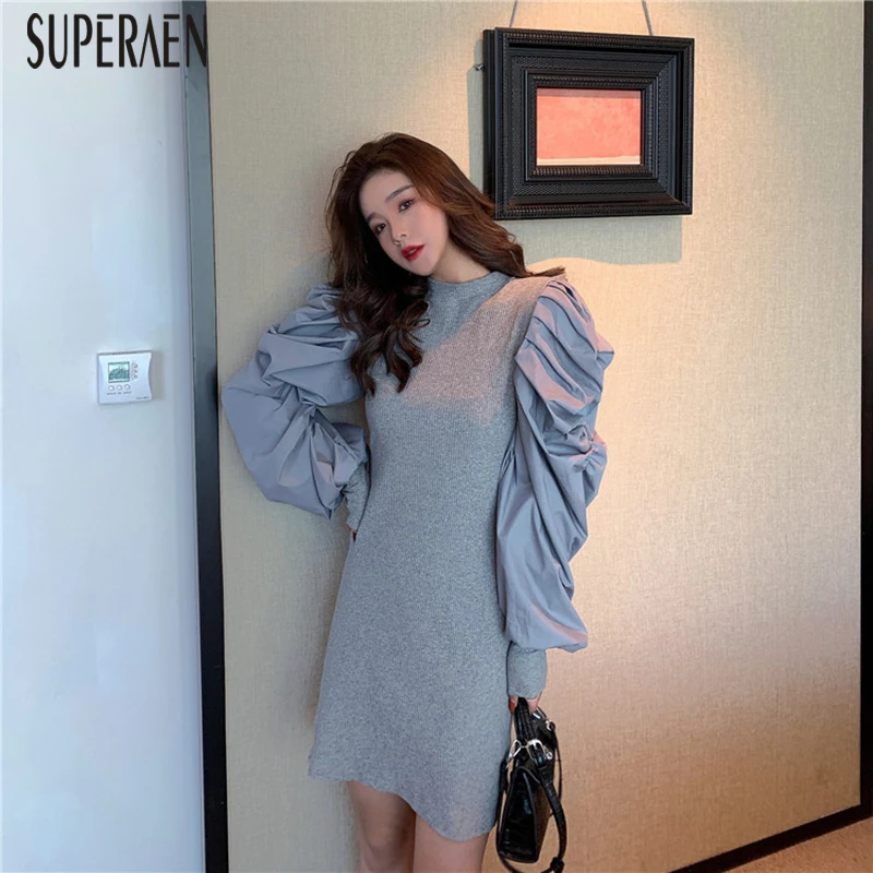 SuperAen, корейский стиль, женское платье, сплошной цвет, хлопок, длинный рукав, женское платье, весна, новинка, Круглый ворот, женская одежда