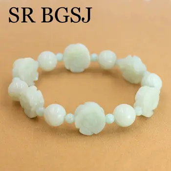 

Free Shipping Round Natural Green Gems Stone Pure Amazonite Handmade Stretchy Flower Bracelet 7.5inch
