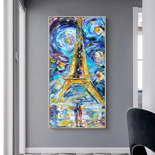 Couple in Starry Night Looking at the Eiffel Tower Painting Printed on Canvas 2