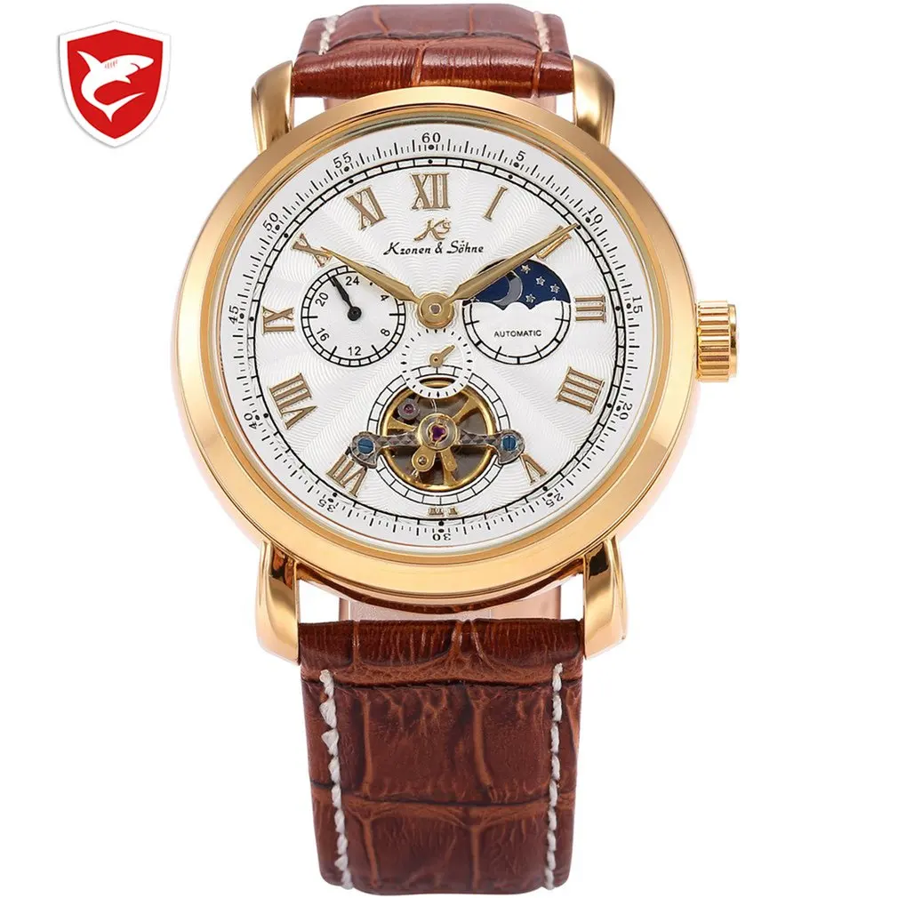 

Navigator KS Golden Case Automatic Self Wind Sun Moon Day Night Display Leather Band Men's Mechanical Watches / KS220