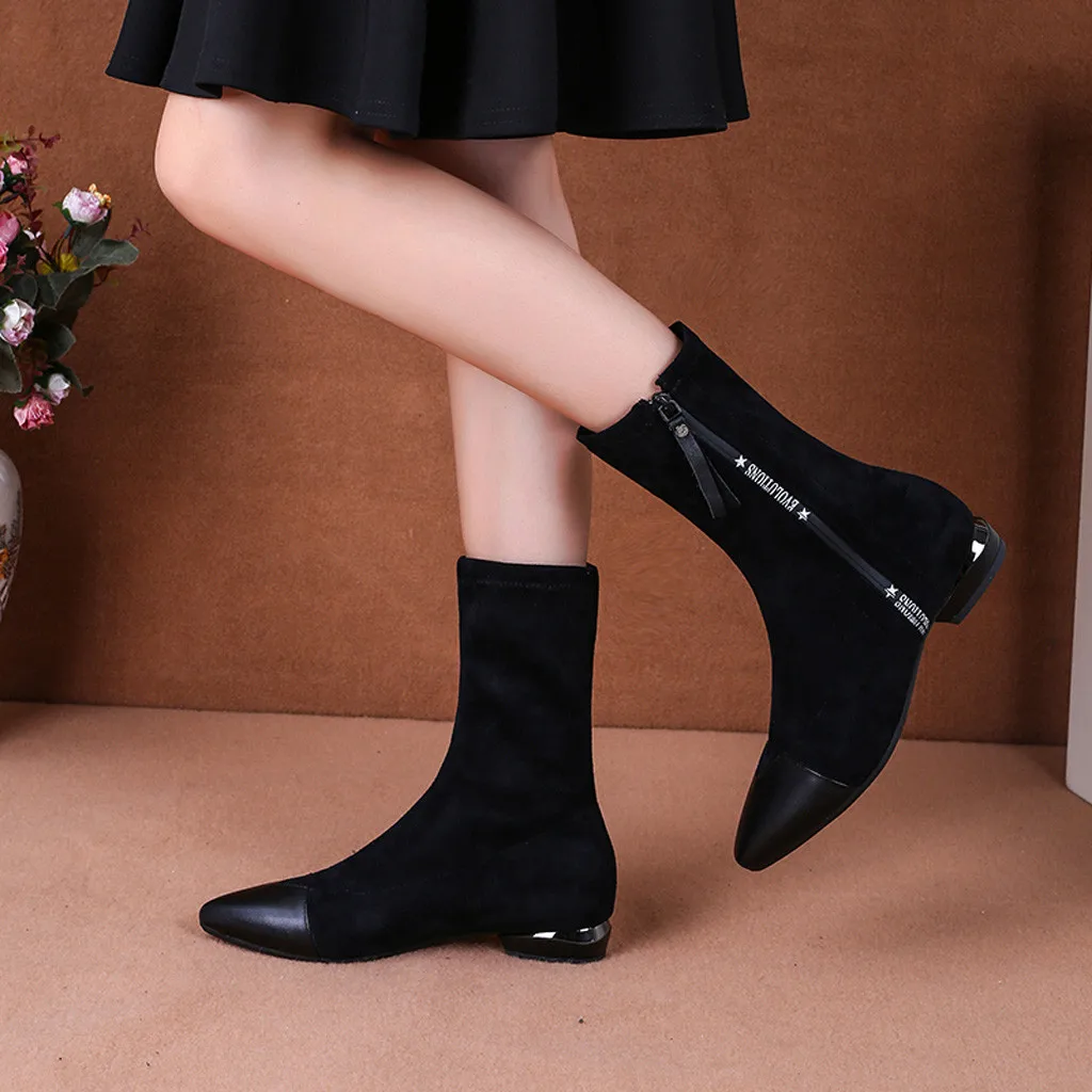 Женские ботинки из флока с острым носком и боковой молнией модные ботинки на низком каблуке и плоской подошве теплые зимние ботинки для пеших прогулок; большие размеры