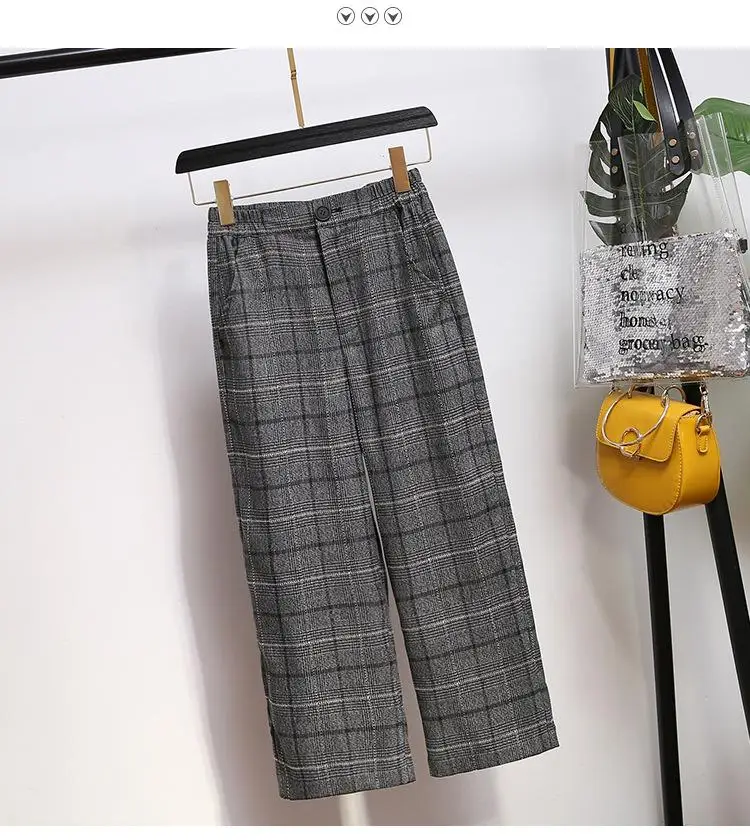XL-5XL плюс размер женские шерстяные брюки повседневные клетчатые эластичные талии большие размеры брюки осень зима свободные английский стиль широкие брюки