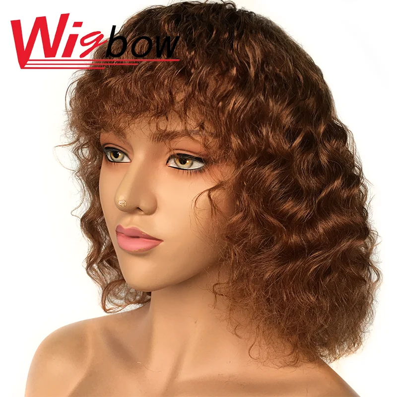 

Human Hair Deep Wave Wig With Bangs Colored Brown Wig For Women Curly Colored Wigs Peruvian Hair Fringe Wig Full Machine Made