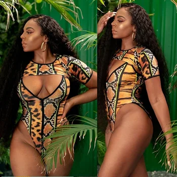 

2020 two-piece suit zipper short-sleeved fat woman large size swimsuit snakeskin printed one-piece swimsuit