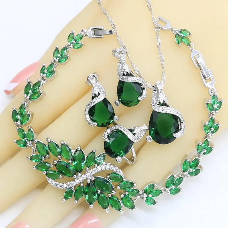 Conjuntos de joyas de plata 925 de Esmeralda verde para mujer, pendientes de botón, collar