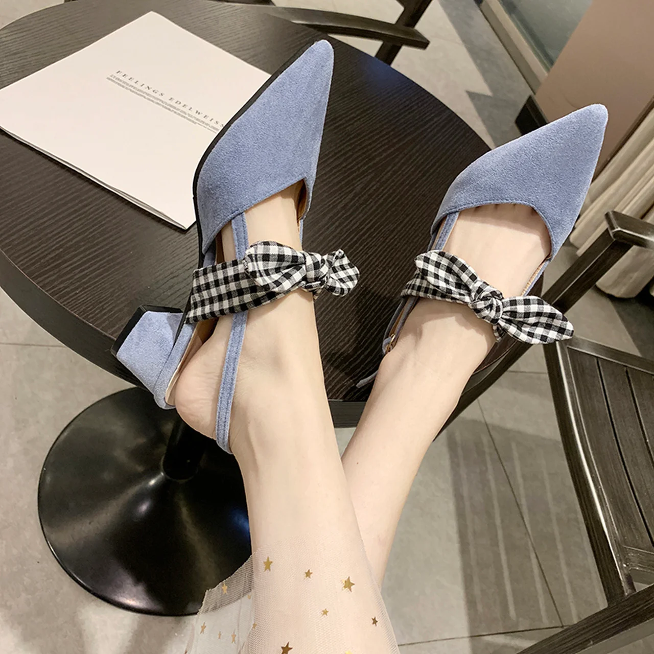

Women's sandals slippers high-heeled shoes all-match Baotou thick-heeled Fairy wind bowknot pointed thick-heeled ladies sandals
