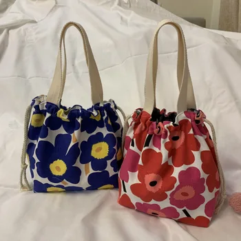 

Japanese Canvas Lunch Box Lovely Net Red Flower Lunch Bag Drawstring Portable Bag Storage Tote Pouch