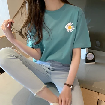 

Embroidery Sunflower 2020 New 90s Clothes Summer Shirt Women Short Sleeve Cotton T Shirt Women M-3XL Oversize Tops for Women