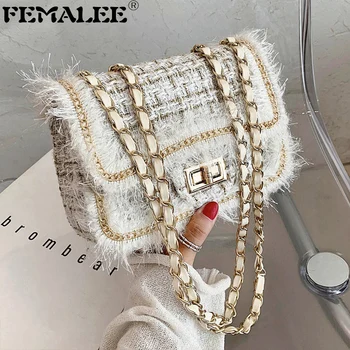 

Winter Gentle Style Tassel Border Tweed Crossbody Bag Women Fashion Woolen Chain Shoulder Bag Designer Lady Square Handbag Purse