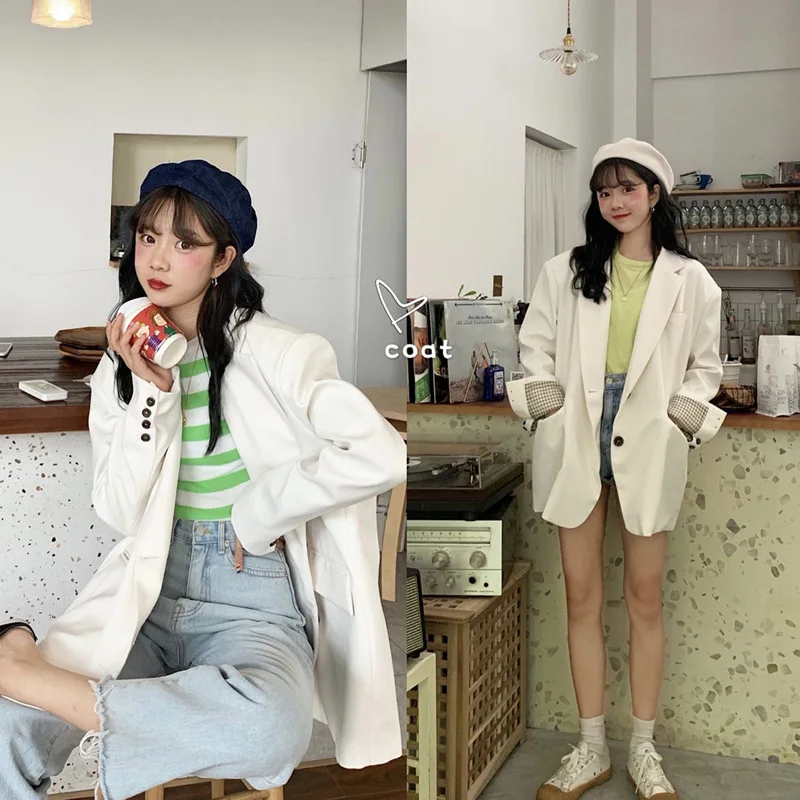 

Early Autumn 2019 New Style Korean-style CHIC Simple Casual Versatile Long Sleeve Joint Pattern Suit Coat Blouses